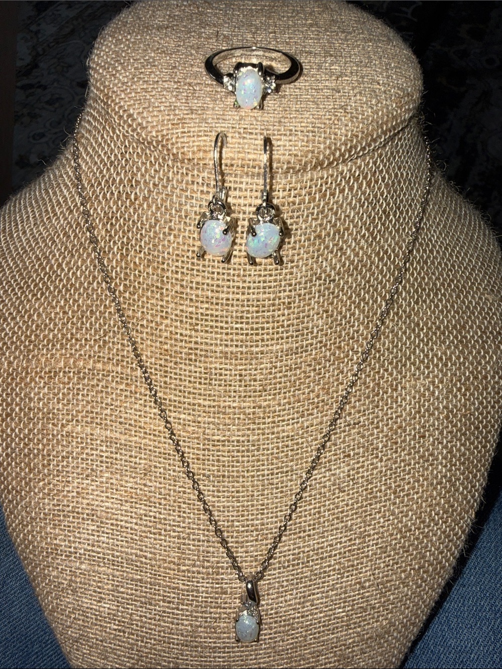 Sterling silver Opal Pendant Necklace, Earrings and Ring Set
